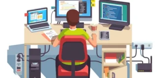 Illustration of developer writing code at desk with three monitors