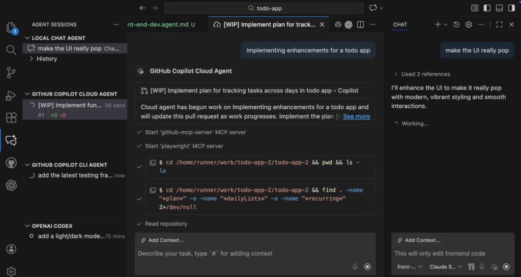 The Agent Sessions view in VS Code is part of the Agent HQ experience, though this view is now disabled by default. This example from the official video shows multiple background agents working concurrently, locally and in the cloud.